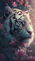 Mesmerizing White Tiger King Magic Fantasy Portrait Digital Generated Amazing Romantic Fairytale Legend Story Poster Illustration