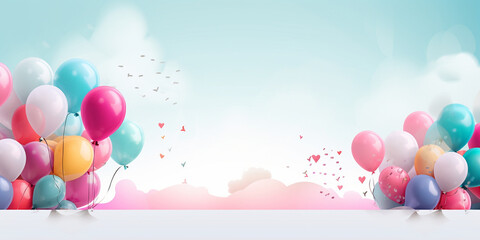 Bunte Luftballons in Pastell Farben als Druckvorlage für Geburtagskarten, ai generativ