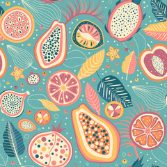 Summer Pattern with Exotic Fruits and Tropical Leaves