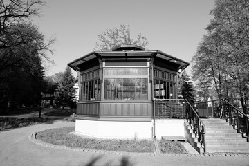 Jastrzebie Zdroj park in Poland. Black and white vintage style photo.