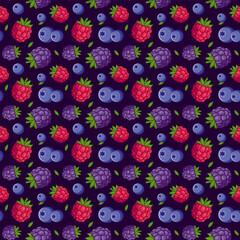 Seamless pattern with blackberries, raspberries, strawberries, leaves on a blue background. Ideal for textiles, summer decorations, wallpaper, healthy food menus.
