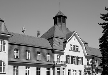 Knurow town in Poland. Black and white retro style image.
