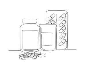 Continuous one line drawing of medical tablet and pill. Medical drugs, pharmacy , health and care line art vector illustration. Editable stroke.