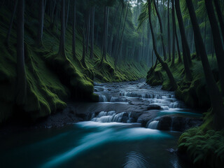 Winding river meanders through lush forest