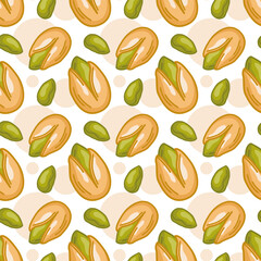 Vector seamless pattern of pistachios in cartoon design. Traditional snack. Healthy food. Walnut ornament for wallpaper, printing, textiles, web page design