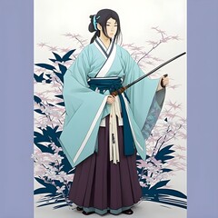 beautiful anime samurai girl is fighting holding japanese sword in hand wearing light blue kimono facing front with hydrangia in the background 
