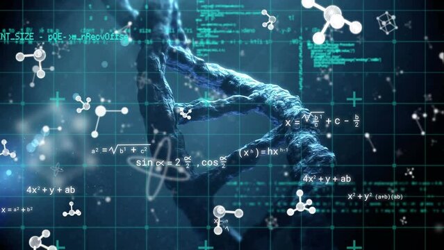 Animation of molecules, data processing, mathematical equations over dna strand on black background - Powered by Adobe