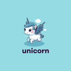 cartoon cute adorable white unicorn with blue wings flying. unicorn flying mascot logo vector illustration