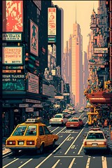 Generate high detailed real view of Manhattan streets streets structures poster style following the linked image 8bit26 