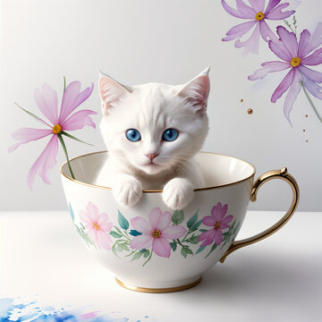ピンクの花のティーカップに入った白猫の子猫Generative AI