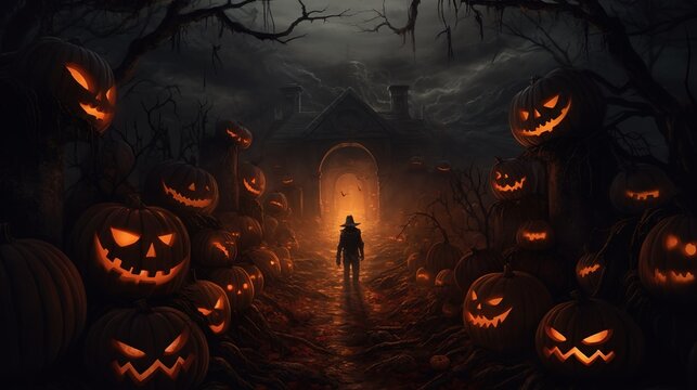 Halloween - Jack O' Lanterns And Candles In Misty Night with a man walking in the pumpkin field. Horror scene