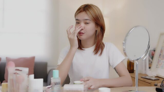 Multi shot Young beauty vlogger or beauty influencer making facial cosmetic for social media.