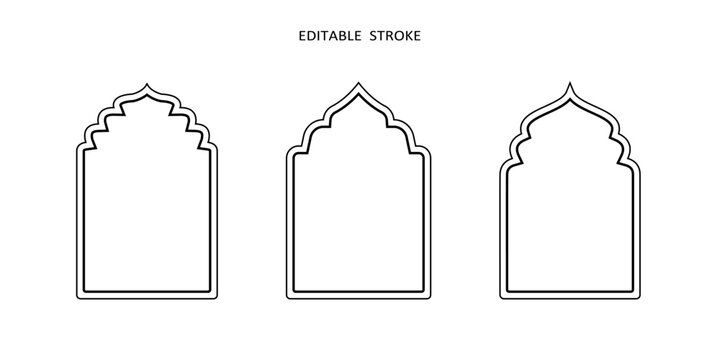 Islamic vector shape of a window or door arch. Arab frame set. Ramadan kareem editable outline icon. Mosque gate. Islamic arabesque pattern. Arabian muslim shape arch