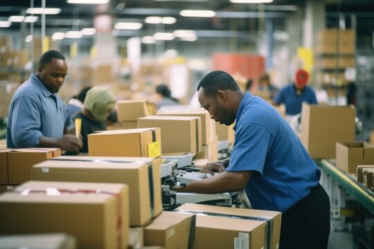a candid photo of sorter workers working at post delivery service warehouse shelves filled with cardboard boxes and packages packets. Generative AI