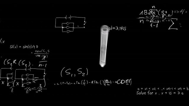 Animation of pen icon over mathematical equations on black background