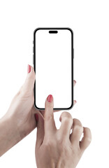 Female Hand holding smart phone Mockup and screen isolated on a transparent background