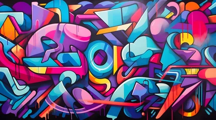 Zelfklevend Fotobehang A vibrant and energetic street art-inspired mural painting with bold colors, abstract shapes, and expressive graffiti elements. (Generative AI) © FEROHORA