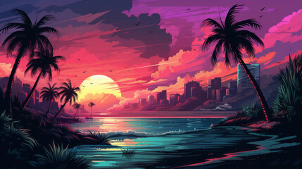 Fototapeta na wymiar Synthwave style landscape with beach and palm trees and silhouette of building and modern city in background