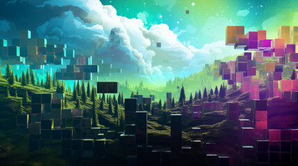 Nature landscape break down into cubes like pixels , digitization of the world concept