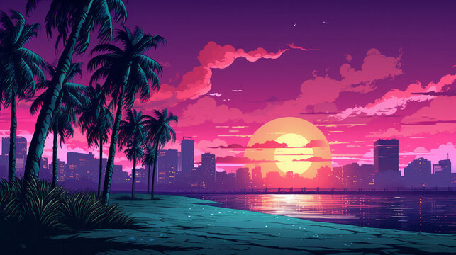 Synthwave Style Landscape With Beach And Palm Trees And Silhouette Of Building And Modern City In Background