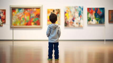 Unrecognizable child looking at modern art painting in a gallery - obrazy, fototapety, plakaty