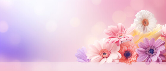 Floral Pastel colors pink banner with flowers and bokeh background, copy space 