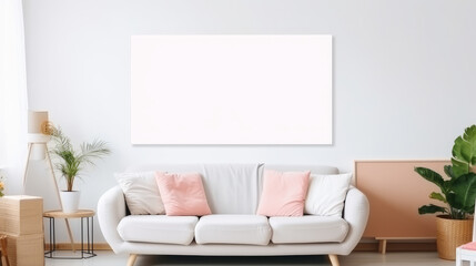 Modern furniture living room with a simple white blank board on the wall with copy space