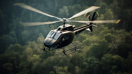 Aerial top view of an helicopter in flight with the ground in backdrop