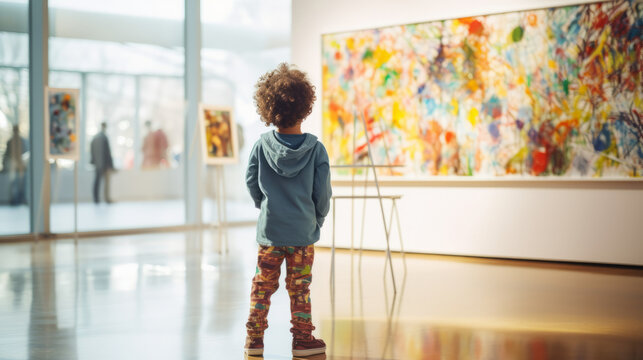 Unrecognizable child looking at modern art painting in a gallery