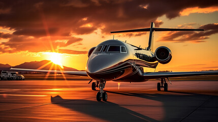 Naklejka na ściany i meble Private jet on runway with sunset backlight