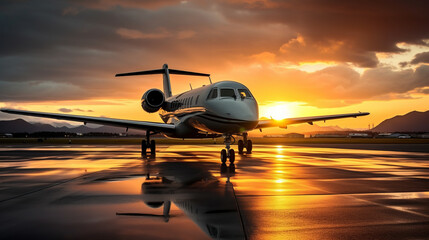 Private jet on runway with sunset backlight - obrazy, fototapety, plakaty