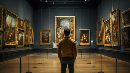 Back of an adult person looking at renaissance style paintings in an old museum art gallery - obrazy, fototapety, plakaty