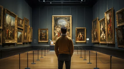 Fotobehang Back of an adult person looking at renaissance style paintings in an old museum art gallery © Keitma