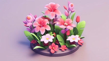 Flowerpot with colorful flower isometric 3D image isolated