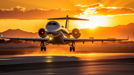 Fototapeta na wymiar Private jet plane taking off with sunset backlight