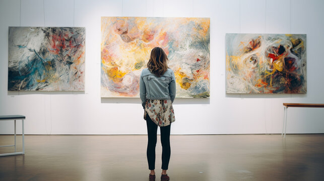 Back of an adult woman looking at a modern art painting in a gallery