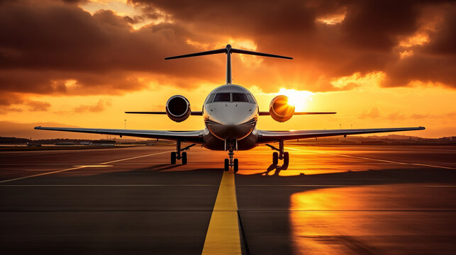 Private jet on runway with sunset backlight