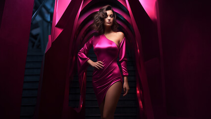Elegante sexy Frau im Pink Satin Abendkleid Porträt, ai generativ