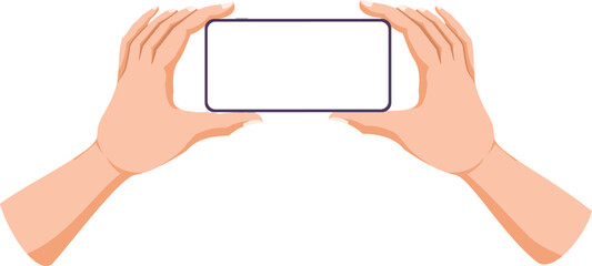 Take photo or record video or watching video on smartphone. Hand holding phone in landscape or horizontal mode with blank screen. Mock up, template. Flat vector illustration