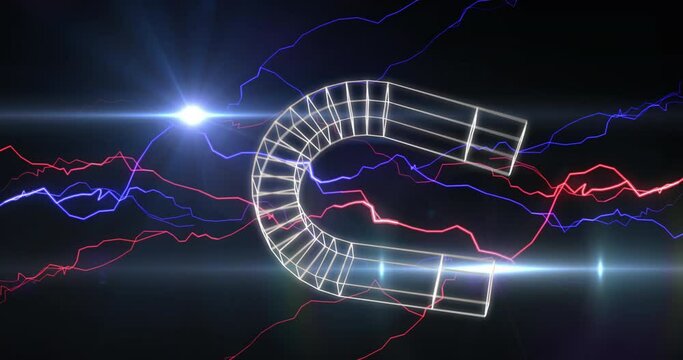 Animation of magnet icon with lightning over light trails on black background