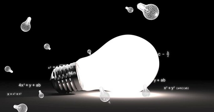 Animation of light bulb icons and mathematical equations over light bulb on black background