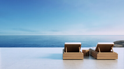 Luxury beach Lounge chair on the balcony overlooking the sea view - 3D rendering  - obrazy, fototapety, plakaty