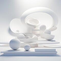 Abstract still life installation with white geometric shapes and soft blue shadows. 3d rendering illustration, AI generated image