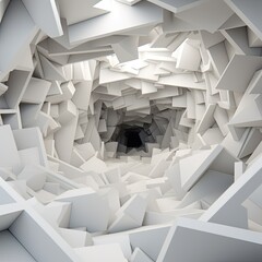 Abstract square digital background, white tunnel interior with dark end and walls made of chaotic blocks. 3d render, AI generated image