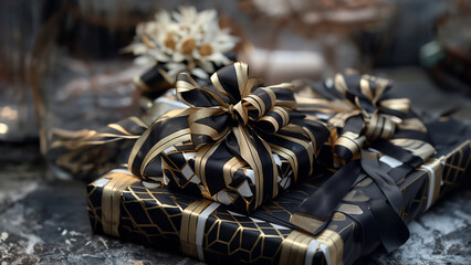 Schön verpackte Geschenke im edlen Gold und schwarz Papier und Schleife, ai generativ