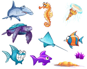 Set of sea animals and fish, sea ocean animals, whale, fish, turtle and jellyfish Cartoon characters vector