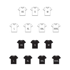 Icono de camisetas en blanco y negro de diferentes tamaños. Vista de frente y de cerca. Vector