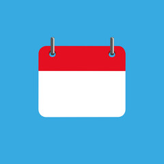 Una página de calendario en blanco en rojo y blanco sobre un fondo azul. Vista de frente y de cerca. Copy space