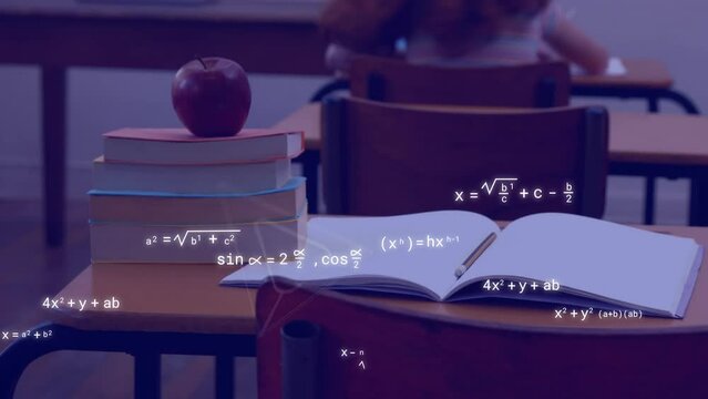 Animation of icons and mathematical equations over school children in classroom