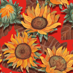 Sunflowers seamless pattern. watercolor illustration. Summer sunflowers. Foliage, leaves, sunflowers, golden ditsy. Natural plant pattern. Can be used for wallpaper, textile, fabric